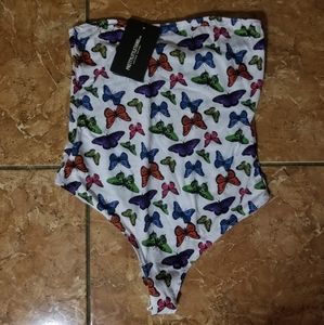 White butterfly printed bandeau bodysuit